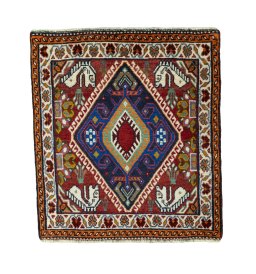 Full view of 2000s Shiraz rug from Iran / Persia, 66 × 60 cm in Red tones
