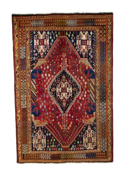 Full view of 2000s Shiraz rug from Iran / Persia, 248 × 163 cm in Red tones