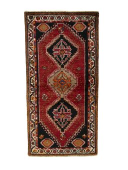 Full view of 2000s Shiraz rug from Iran / Persia, 162 × 82 cm in Red tones