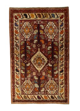 Full view of 2000s Shiraz rug from Iran / Persia, 250 × 155 cm in Red tones