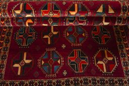 Full view of 2000s Shiraz rug from Iran / Persia, 207 × 132 cm in Red tones