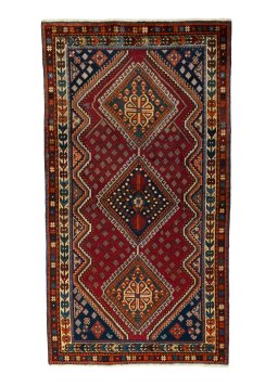 Full view of 2000s Shiraz rug from Iran / Persia, 222 × 120 cm in Red tones