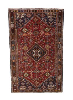 Full view of 2000s Shiraz rug from Iran / Persia, 242 × 156 cm in Red tones