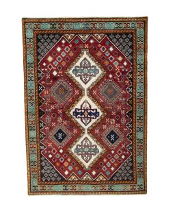 Full view of 2000s Shiraz rug from Iran / Persia, 200 × 139 cm in Red tones