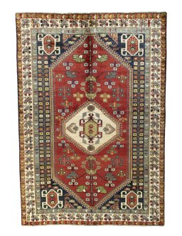 Full view of 2000s Shiraz rug from Iran / Persia, 290 × 202 cm in Red tones