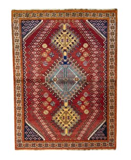 Full view of 2000s Shiraz rug from Iran / Persia, 203 × 150 cm in Red tones