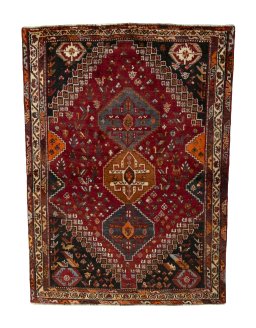 Full view of 2000s Shiraz rug from Iran / Persia, 165 × 120 cm in Red tones