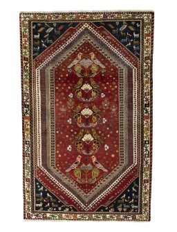 Full view of 2000s Shiraz rug from Iran / Persia, 240 × 153 cm in Red tones