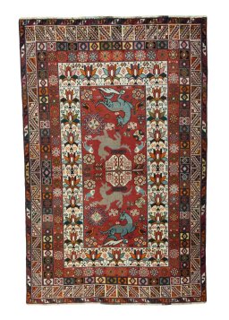 Full view of 2000s Shiraz rug from Iran / Persia, 200 × 128 cm in Red tones