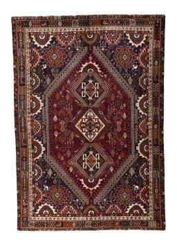 Full view of 2000s Shiraz rug from Iran / Persia, 320 × 222 cm in Red tones