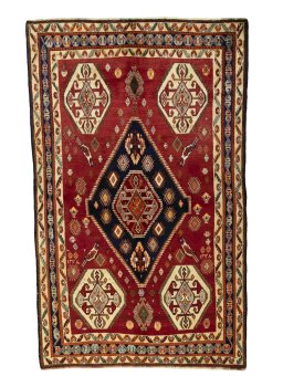 Full view of 2000s Shiraz rug from Iran / Persia, 248 × 153 cm in Red tones