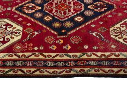 Full view of 2000s Shiraz rug from Iran / Persia, 248 × 153 cm in Red tones