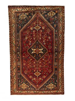 Full view of 2000s Shiraz rug from Iran / Persia, 268 × 167 cm in Red tones