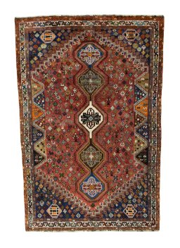 Full view of 2000s Shiraz rug from Iran / Persia, 243 × 160 cm in Red tones