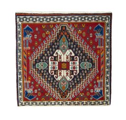 Full view of 2000s Shiraz rug from Iran / Persia, 63 × 66 cm in Red tones