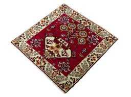 Corner detail of 2000s Shiraz rug showing border pattern and Wool pile