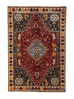 Full view of 2000s Shiraz rug from Iran / Persia, 261 × 177 cm in Red tones