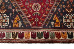 Full view of 2000s Shiraz rug from Iran / Persia, 261 × 177 cm in Red tones