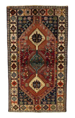 Full view of 2000s Shiraz rug from Iran / Persia, 210 × 120 cm in Red tones