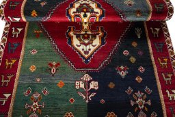 Full view of 2000s Shiraz rug from Iran / Persia, 220 × 140 cm in Red tones