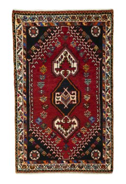 Full view of 2000s Shiraz rug from Iran / Persia, 140 × 86 cm in Red tones