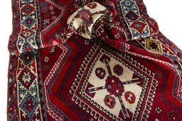 Corner detail of 1970s Shiraz rug showing border pattern and Wool pile