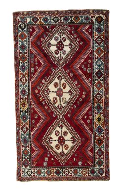Full view of 1970s Shiraz rug from Iran / Persia, 240 × 133 cm in Red tones