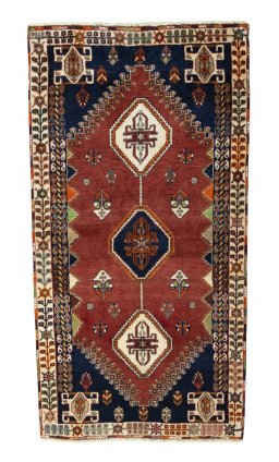 Full view of 2000s Shiraz rug from Iran / Persia, 192 × 100 cm in Red tones