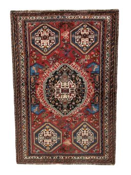 Full view of 2000s Shiraz rug from Iran / Persia, 168 × 115 cm in Red tones
