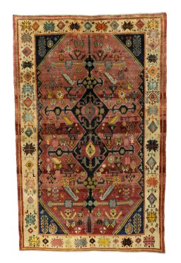 Full view of 2000s Shiraz rug from Iran / Persia, 233 × 156 cm in Red tones