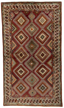 Full view of 2000s Shiraz rug from Iran / Persia, 276 × 158 cm in Red tones