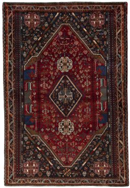 Full view of 1970s Shiraz rug from Iran / Persia, 257 × 175 cm in Red tones