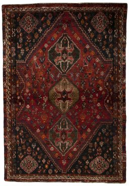 Full view of 2000s Shiraz rug from Iran / Persia, 167 × 116 cm in Red tones