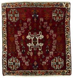 Full view of 2000s Shiraz rug from Iran / Persia, 61 × 57 cm in Red tones