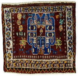 Full view of 2000s Shiraz rug from Iran / Persia, 46 × 48 cm in Red tones