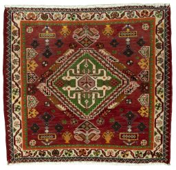 Full view of 2000s Shiraz rug from Iran / Persia, 53 × 60 cm in Red tones