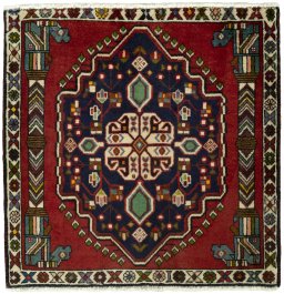 Full view of 2000s Shiraz rug from Iran / Persia, 72 × 72 cm in Red tones