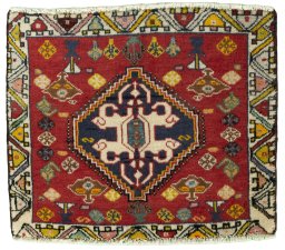 Full view of 2000s Shiraz rug from Iran / Persia, 48 × 57 cm in Red tones