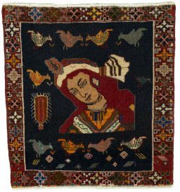 Full view of 2000s Shiraz rug from Iran / Persia, 55 × 53 cm in Red tones