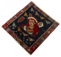 Corner detail of 2000s Shiraz rug showing border pattern and Wool pile