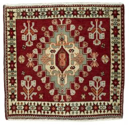 Full view of 2000s Shiraz rug from Iran / Persia, 65 × 68 cm in Red tones