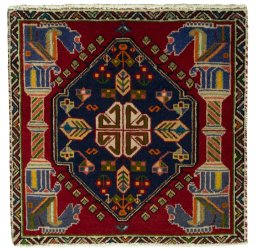Full view of 2000s Shiraz rug from Iran / Persia, 57 × 57 cm in Red tones