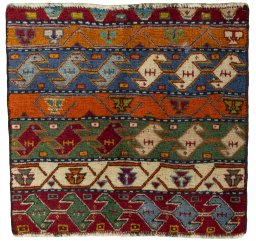 Full view of 2000s Shiraz rug from Iran / Persia, 52 × 55 cm in Red tones