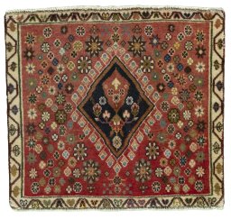 Full view of 2000s Shiraz rug from Iran / Persia, 54 × 60 cm in Red tones