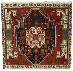 Full view of 2000s Shiraz rug from Iran / Persia, 63 × 65 cm in Red tones