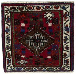 Full view of 2000s Shiraz rug from Iran / Persia, 50 × 50 cm in Red tones