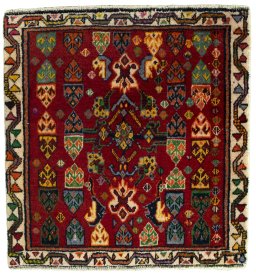 Full view of 2000s Shiraz rug from Iran / Persia, 60 × 57 cm in Red tones