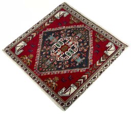 Corner detail of 2000s Shiraz rug showing border pattern and Wool pile