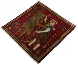 Corner detail of 2000s Shiraz rug showing border pattern and Wool pile