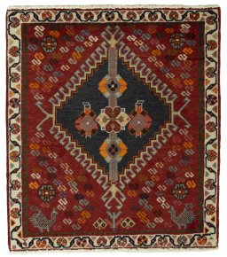 Full view of 2000s Shiraz rug from Iran / Persia, 71 × 63 cm in Red tones